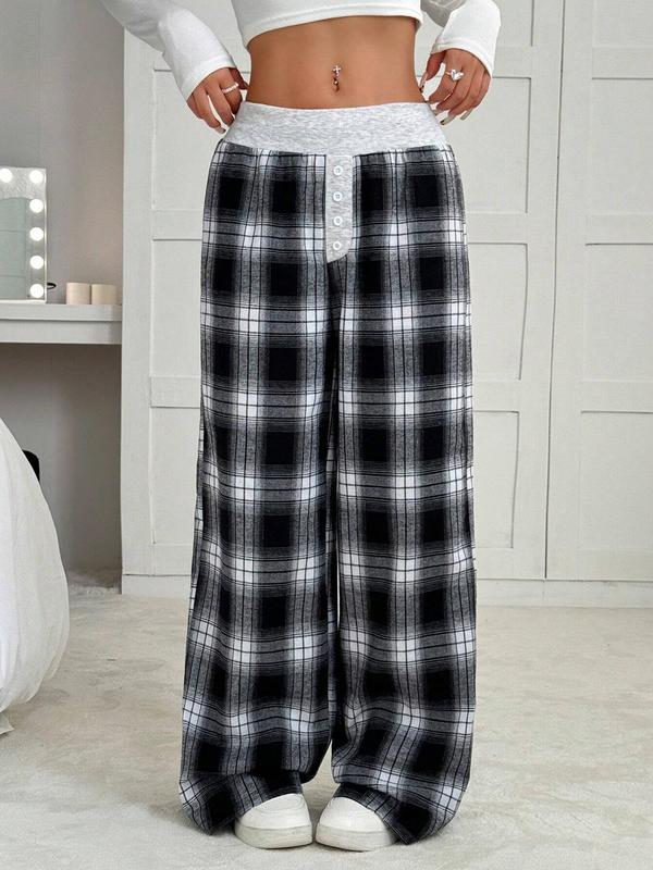 Women's Plaid Print Button Pants, Casual Comfy Trousers for Spring & Fall, Women's Bottoms for Daily Wear