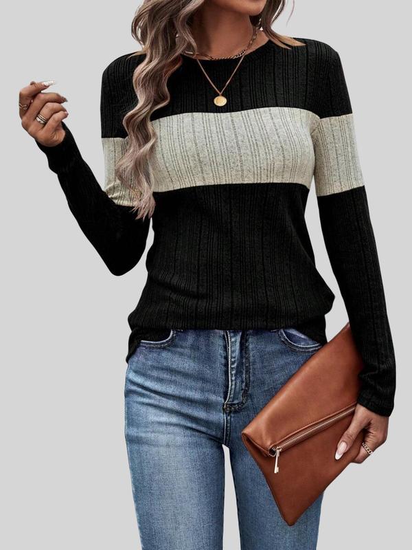 Women's Colorblock Print Long Sleeve T-Shirt, Casual Round Neck Tee for Fall & Winter, Women's Top for Daily Wear