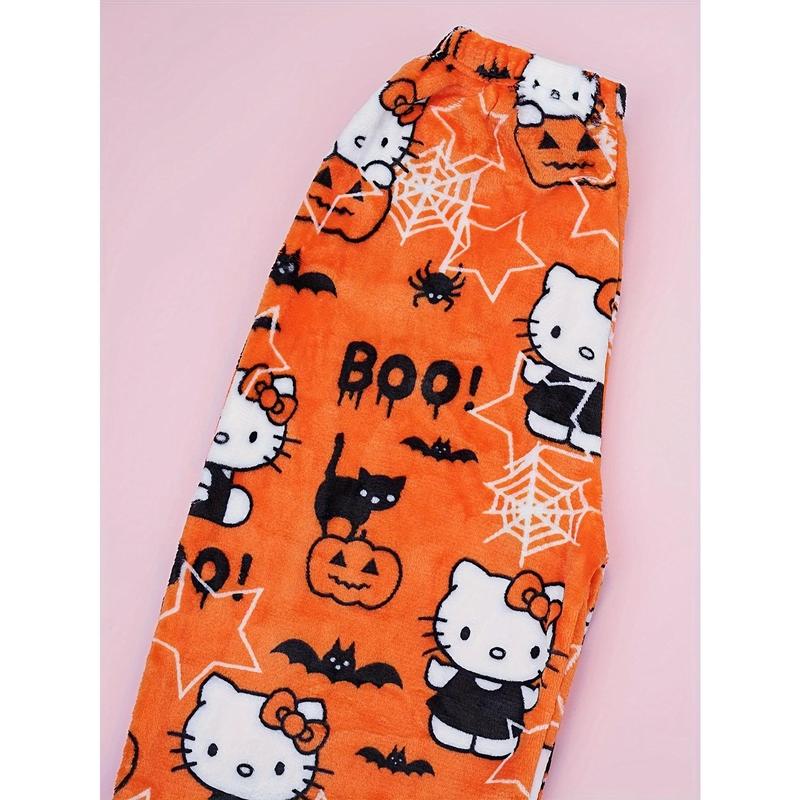 Sanrio Hello Kitty flannel soft pajama pants for Halloween and Christmas, printed fringe casual pants, elegant style, comfortable autumn and winter holiday casual wear