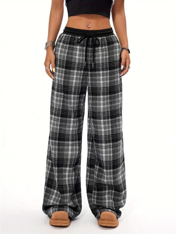 Women's Plaid Print Drawstring Waist Wide Leg Pants, Casual Comfy Pocket Trousers for Daily Wear, Ladies Bottoms for All Seasons