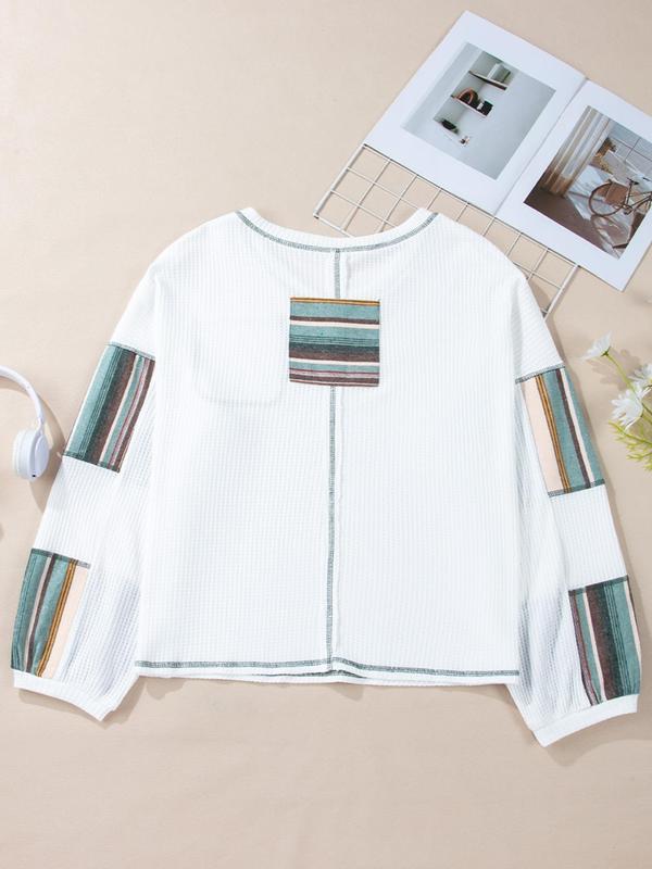 Women's Patchwork Striped Drop Shoulder Knit Top, Casual Long Sleeve V Neck Pocket Knitwear for Spring & Fall, Fashion Women's Knit Clothing for Daily Wear, Downtown Girl Clothes