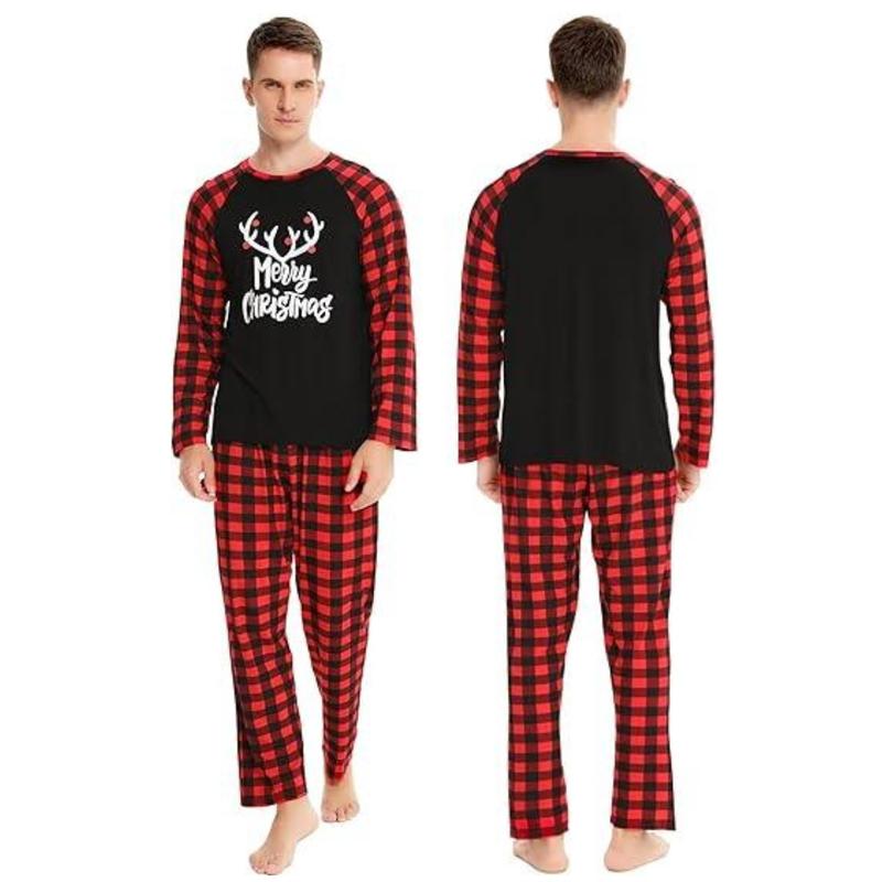 Couple's Christmas Themed Reindeer & Plaid Print Raglan Sleeve Pajama Two-piece Set, Casual Comfy Long Sleeve Top & Elastic Waist Pants Pj Set, Couple's Sleepwear for Spring & Fall, Matching Bf and Gf