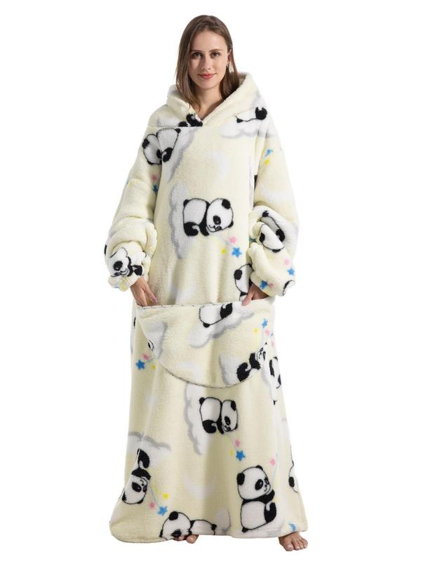 Women's Animal fruit pizza pumpkin Print Drop Shoulder Blanket Hoodie, Casual Long Sleeve Pocket Hooded Blanket Robe,  Robe for Women, Ladies Fall & Winter Sleepwear