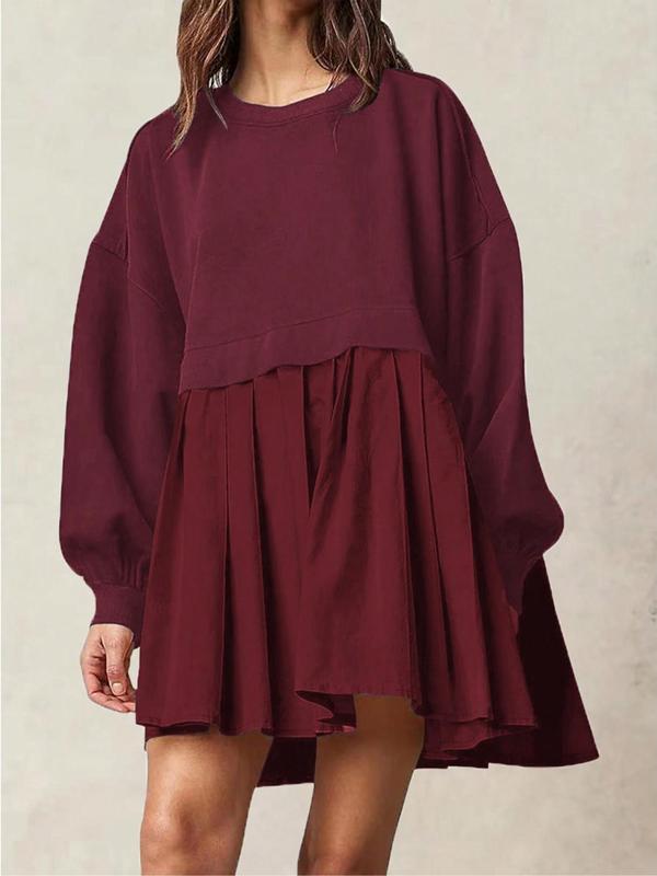 Women's Solid Color Pleated Drop Shoulder Sweatshirt Dress, Casual Long Sleeve Round Neck Short Dress for Fall & Winter, Women's Clothing for Daily Wear