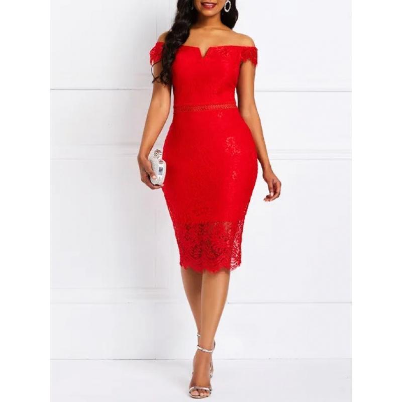 European and American evening dress short-sleeved V-neck off-the-shoulder sexy mid-length bag hip lace dress