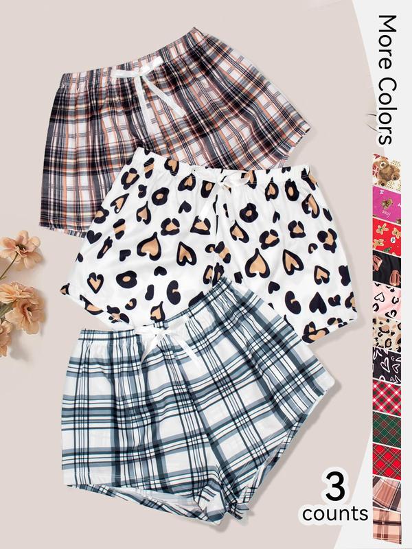 Women's 3pcs Lepord Plaid Heart Print Elastic Waist Wide Leg Sleep Shorts, Summer Clothes Women, Comfy Breathable Pyjama Shorts for Summer, Soft Pj for Lady, Comfortable Ladies Lounge Bottoms for Indoor Home Sleepwear