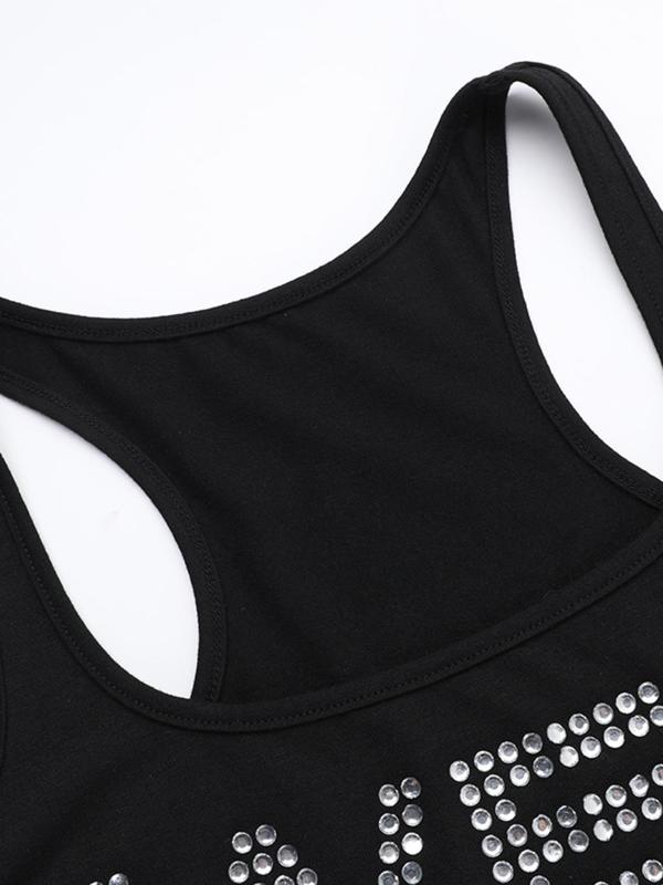 Women's Letter Rhinestone Decor Scoop Neck Tank Top, Fashion Casual Sleeveless Top for Daily Outdoor Wear, Ladies Clothes for Summer