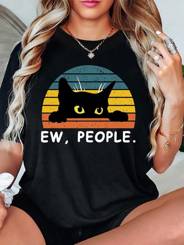 Women's Black Cat & Letter Print Round Neck Tee, Trendy Casual Short Sleeve T-shirt for Daily Wear, Ladies Summer Outfit