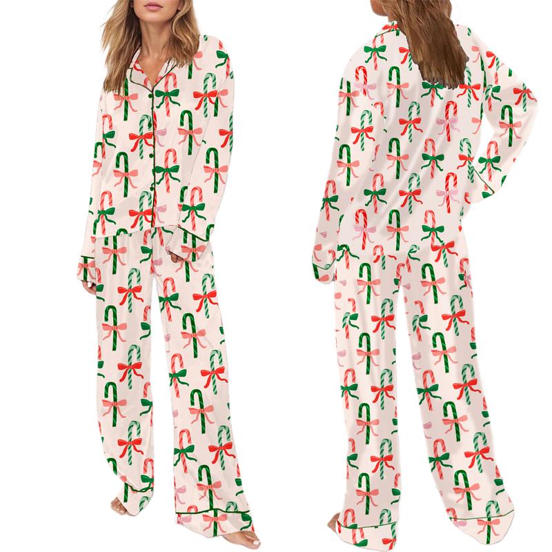 Women Christmas Pajamas Set 2 Pieces Loungewear Suits Bow Santa Tree Print Long Sleeve Shirts Tops and Pants Sleepwear Outfits Womenswear Check Light Pjs Trouser Pyjamas