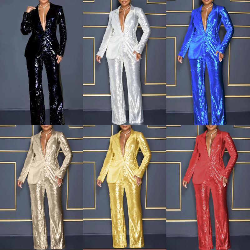 2024 Summer Cross-Border Jumpsuit European and American New Women's Long Sleeve V-neck Sequins Jumpsuit Two-Piece Set