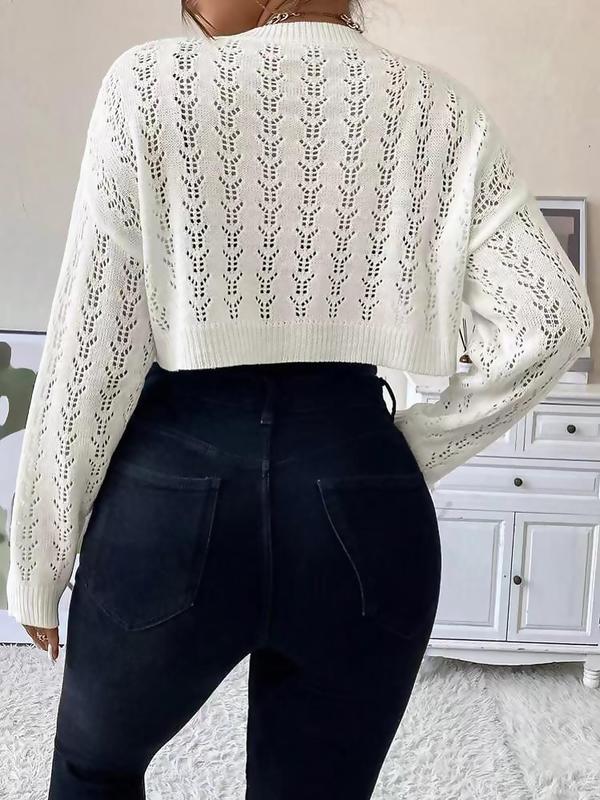  Hollow Out Drop Shoulder Crop Sweater, Sweaters for Women, Casual Long Sleeve Crew Neck High Low Jumper for Spring & Fall, Women's Clothing for Daily Wear