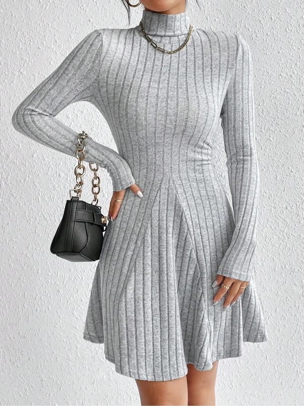 Women's Solid Color Stand Collar Ribbed A Line Dress, Casual Long Sleeve Short Dress for Fall & Winter, Women's Clothing for Daily Wear