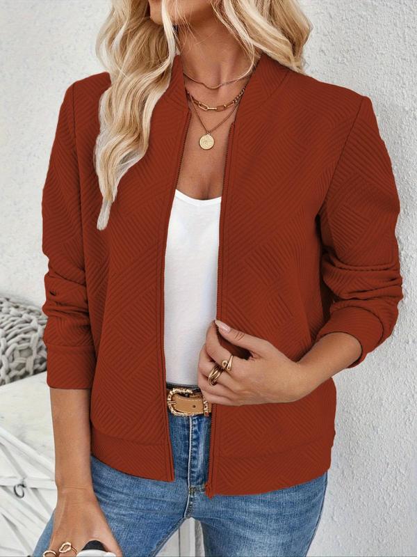 Women's Solid Textured Zip Up Jacket, Casual Long Sleeve Mock Neck Outerwear for Spring & Fall, Ladies Tops Clothes for Daily Wear