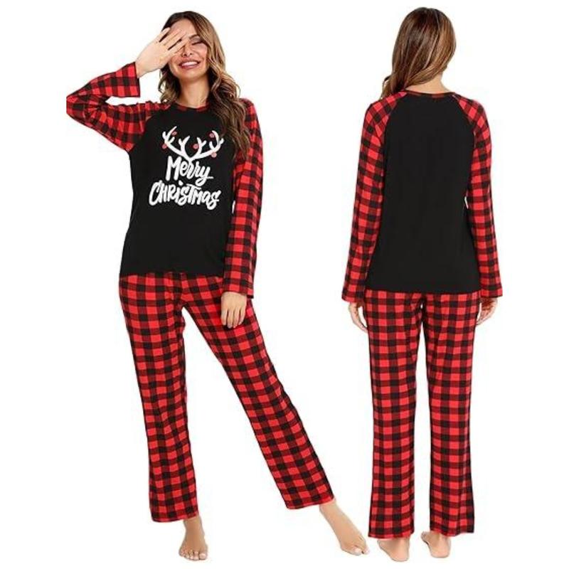 Couple's Christmas Themed Reindeer & Plaid Print Raglan Sleeve Pajama Two-piece Set, Casual Comfy Long Sleeve Top & Elastic Waist Pants Pj Set, Couple's Sleepwear for Spring & Fall, Matching Bf and Gf