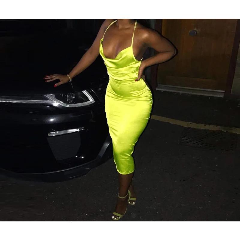 Neon Satin Lace Up Women's Long Midi Dress Light Pink Bodycon Backless Elegant Party Sexy Club Clothes Dinner Outfit Formal Womenswear