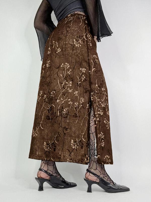 Women's Floral Print Split Hem Skirt, Casual Fashion Long Skirt for Daily Outdoor Wear, Women's Bottoms for Fall & Winter