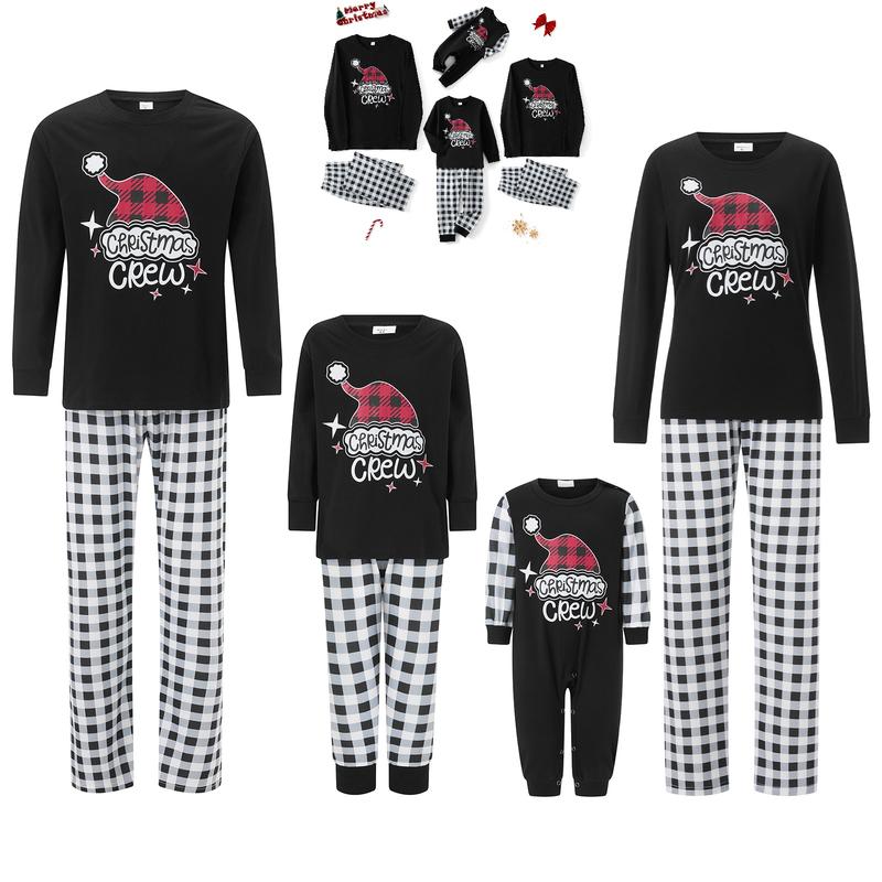 Christmas Pajamas Set for Family Matching Long Sleeve Santa Hat Print Tops + Stripes Pants Set Holiday Sleepwear