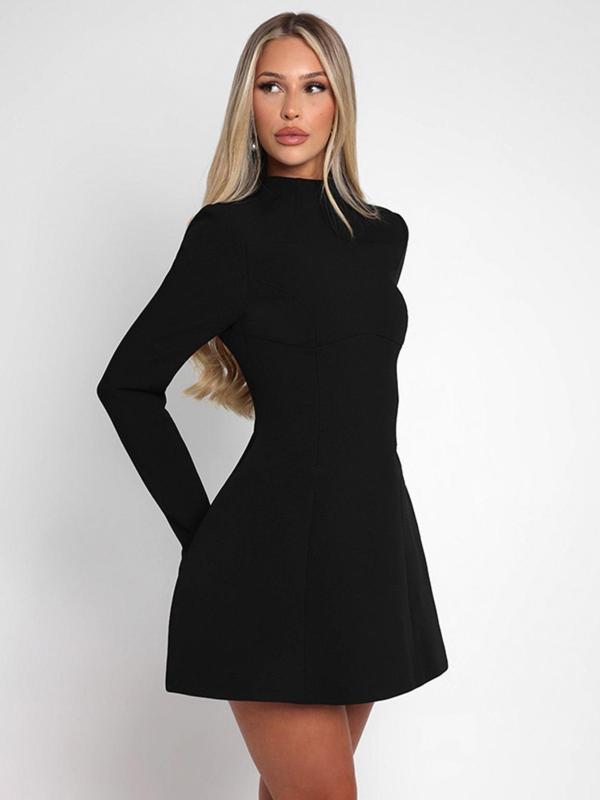 Women's Plain Backless Button Decor A Line Dress, Elegant Long Sleeve Stand Collar Zipper Back Short Dress for Party Holiday Wedding Guest, Ladies Spring & Fall Clothes