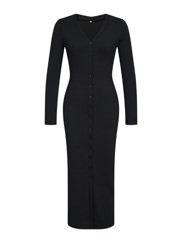 Women's Plain Button Front V Neck Bodycon Dress, Casual Long Sleeve Midi Dress for Fall & Winter, Women's Clothing for Daily Wear,  Girl Clothes