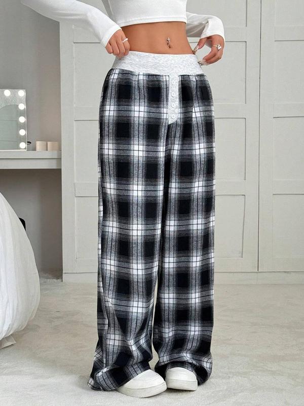 Women's Plaid Print Button Pants, Casual Comfy Trousers for Spring & Fall, Women's Bottoms for Daily Wear