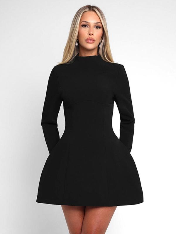 Women's Plain Backless Button Decor A Line Dress, Elegant Long Sleeve Stand Collar Zipper Back Short Dress for Party Holiday Wedding Guest, Ladies Spring & Fall Clothes