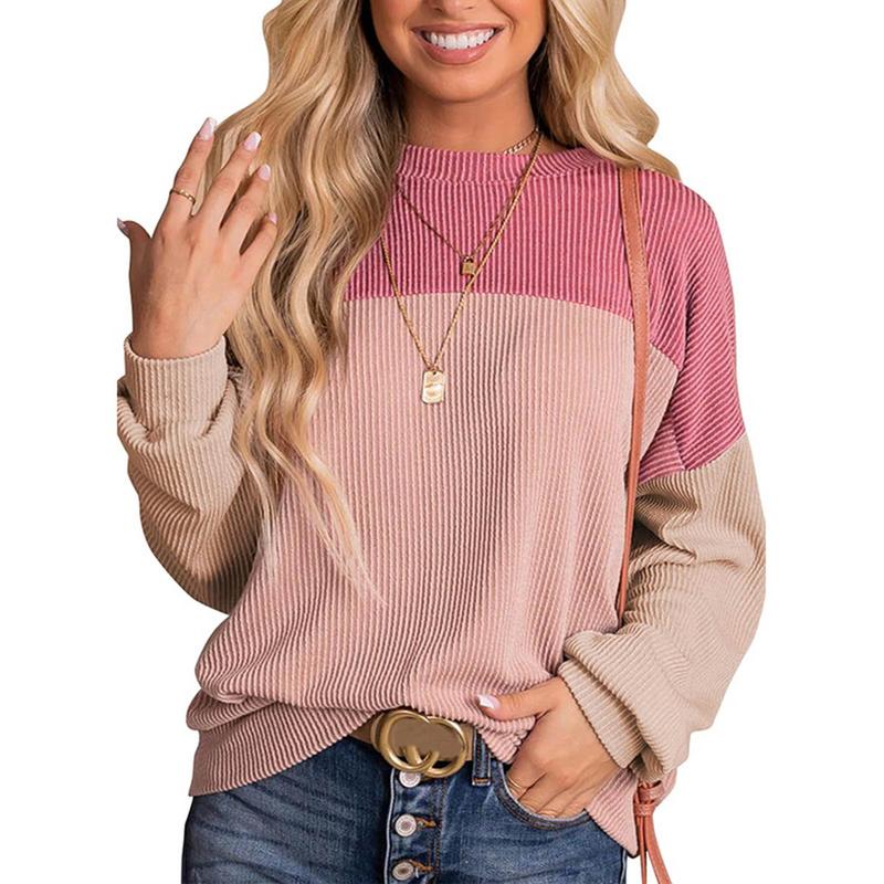 Womens Fashion Color Block Long Sleeve Crewneck Knitted Casual Loose Pullover Tops Spring Womenswear Everyday