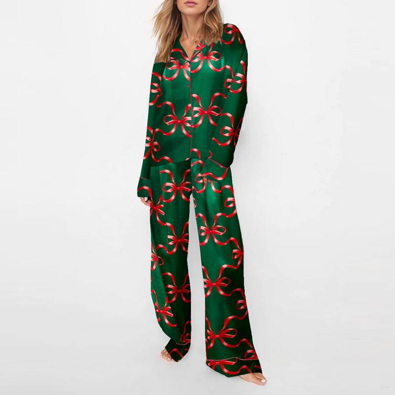 Women Christmas Pajamas Set 2 Pieces Loungewear Suits Bow Santa Tree Print Long Sleeve Shirts Tops and Pants Sleepwear Outfits Womenswear Check Light Pjs Trouser Pyjamas