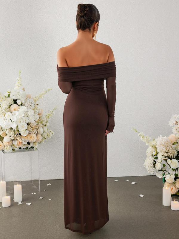 Women's Off The Shoulder Ruched Tulle Bodycon Dress, Elegant Formal Wear, Long Sleeve Backless Evening Party Gown, Ladies Spring & Fall Clothes, Fall Outfits, Fallfreshness