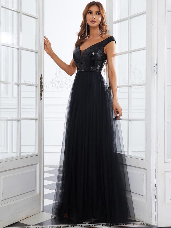 Ever-Pretty Shiny Sequin Bodice Off the Shoulder Maxi Tulle Evening Dress