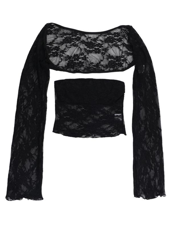 Women's Lace  Strapless Top & Long Sleeve Sheer Crop Coat Two-piece Set, Elegant Fashion Casual Lace Top Set for Daily Outdoor Wear, Women Clothing for Fall & Winter