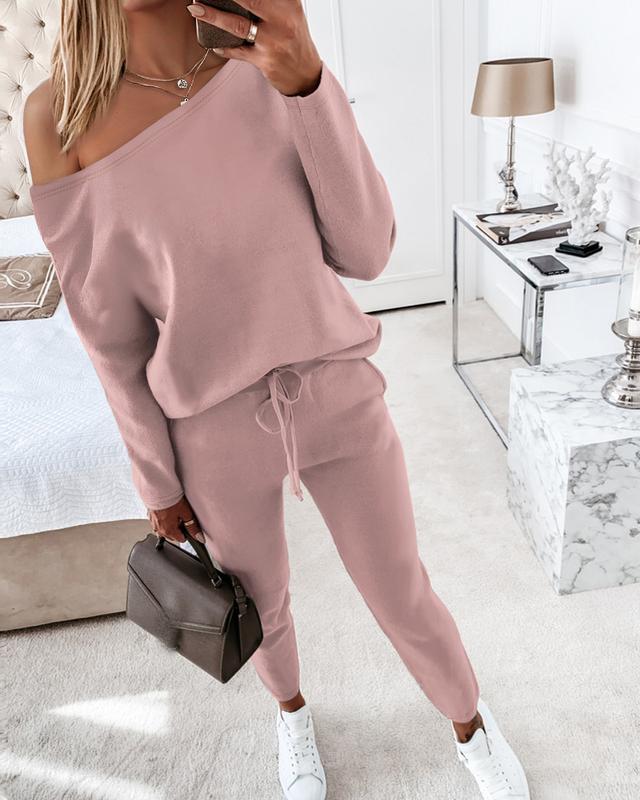 ChicMe Women's 2 Piece Lounge Outfit Long Sleeve Skew Neck Pullover Tops Stretchy Waist Pants Set Tracksuit Womenswear Asymmetrical