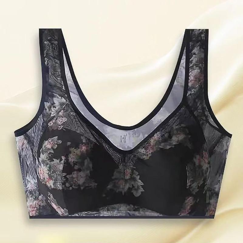 Softinara Ice Silk Lace Cooling Comfort Bra for Older Women, Seamless Wireless Push up Bras Everyday Bras Womenswear Underwear Lady Floral