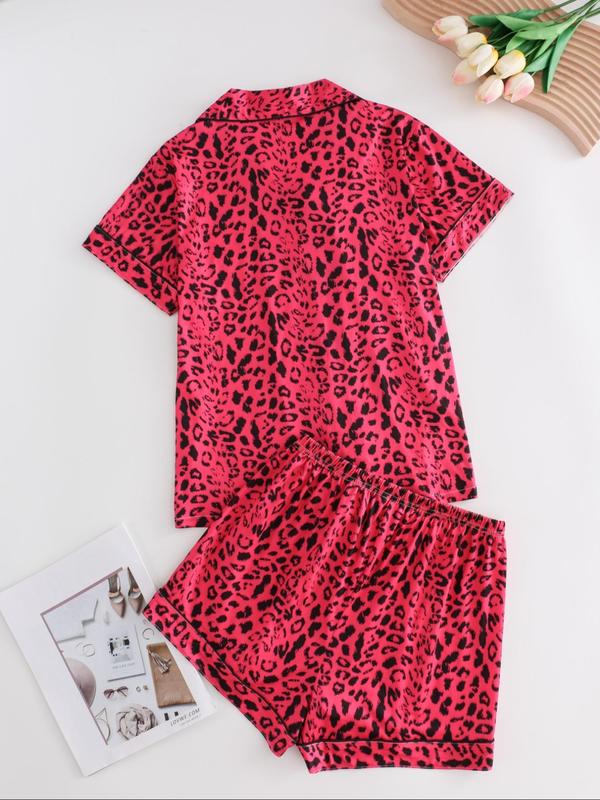 Two-Piece Set Women's Leopard Print Lapel Neck Button Front Pajama, Casual Comfy Short Sleeve Top & Shorts PJ Set, Ladies Sleepwear for All Seasons