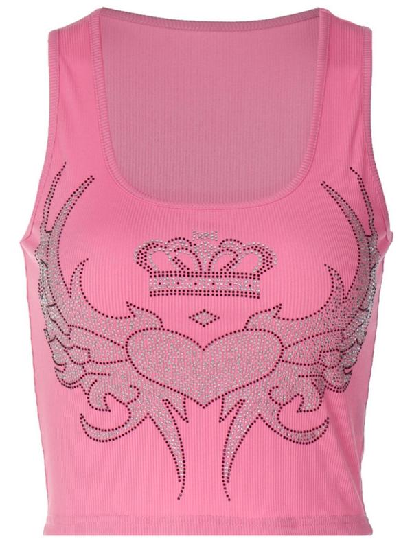 Women's Fitted Rhinestone Heart & Crown Decor Crop Tank Top, Comfort Casual Scoop Neck Sleeveless Top for Lady Daily Wear, Fashion Womenswear, Women's Clothing for Summer, Mean Girls Outfit