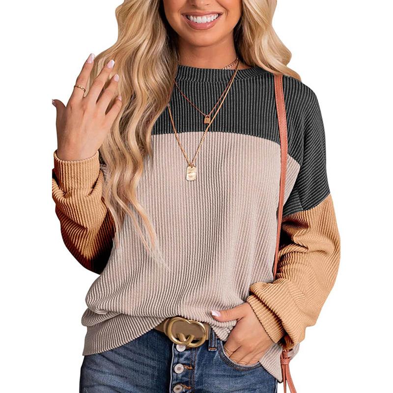 Womens Fashion Color Block Long Sleeve Crewneck Knitted Casual Loose Pullover Tops Spring Womenswear Everyday