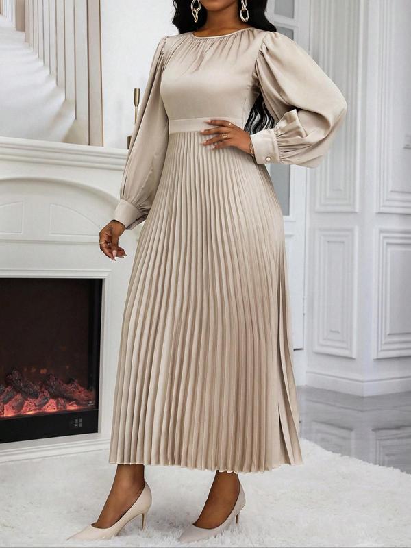 Women's Plain Ruched Pleated A Line Dress, Elegant Bishop Sleeve Round Neck Long Dress for Party Holiday Wedding Guest, Ladies Spring & Fall Clothes