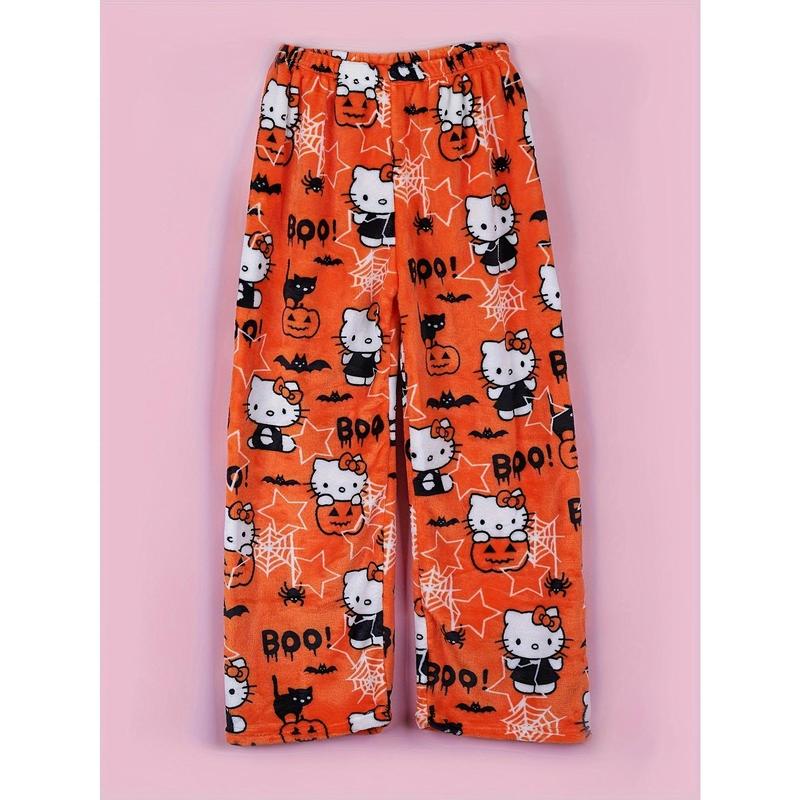 Sanrio Hello Kitty flannel soft pajama pants for Halloween and Christmas, printed fringe casual pants, elegant style, comfortable autumn and winter holiday casual wear