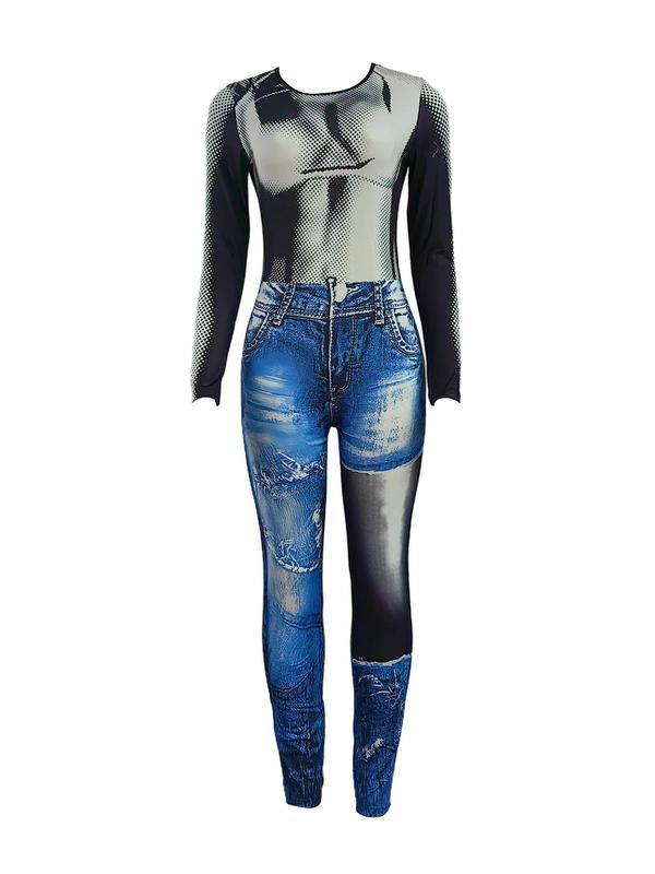 Women's 3D Denim-Effect Print Skinny Jumpsuit, Fashion Long Sleeve Round Neck Jumpsuit, Ladies Clothes For Party Holiday Daily Wear