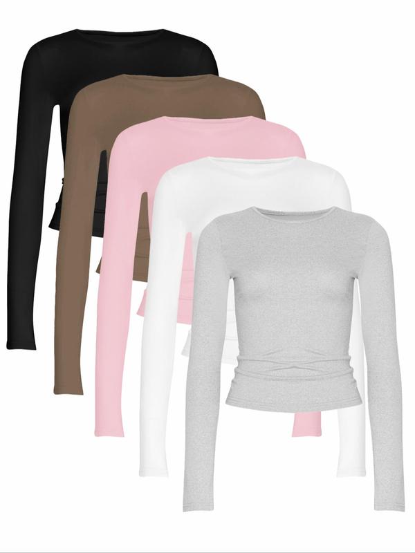 Women's Solid Ruched Long Sleeve Crop Lounge  Tee, Casual Comfy Round Neck T-shirt for Daily Wear, Ladies Sleepwear for Spring & Fall