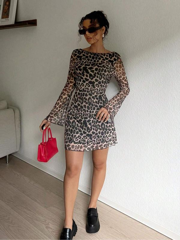 Women's Leopard Print Backless Mesh Dress, Dresses for Women, Fashion Casual Boat Neck Flounce Sleeve Short Dress for Daily Outdoor Wear, Women Dress for Spring Fall