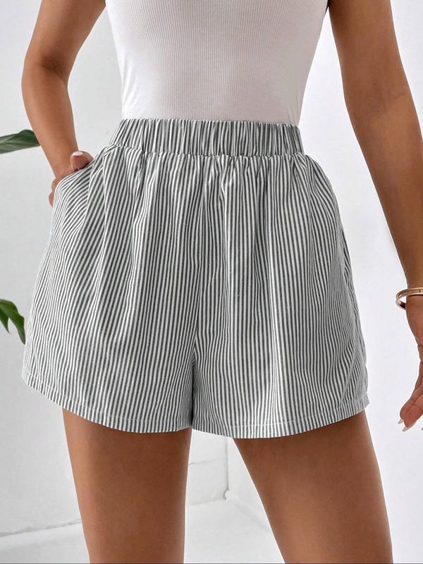 Women's Striped Print Pocket Elastic Waist Shorts, Casual Comfy Wide Leg Shorts for Summer, Shorts for Women, Fashion Women's Bottoms for Daily Wear, Back To School Outfit