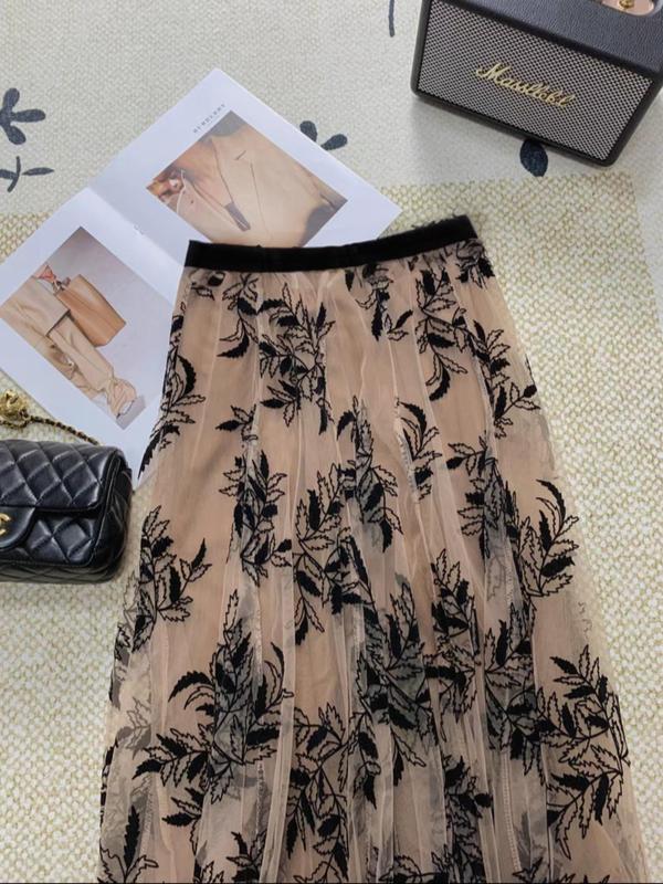 Women's Leaf Print Contrast Mesh Tiered Layer Tulle Skirt, Boho Elegant Flared Vintage Skirt for Beach Holiday Vacation, Ladies Summer Clothes