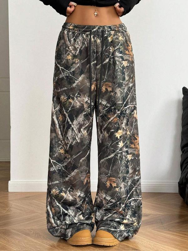 Women's Leaf Print Trousers, Casual Comfy Sweatpants for Daily Wear, Ladies Bottoms for Fall & Winter