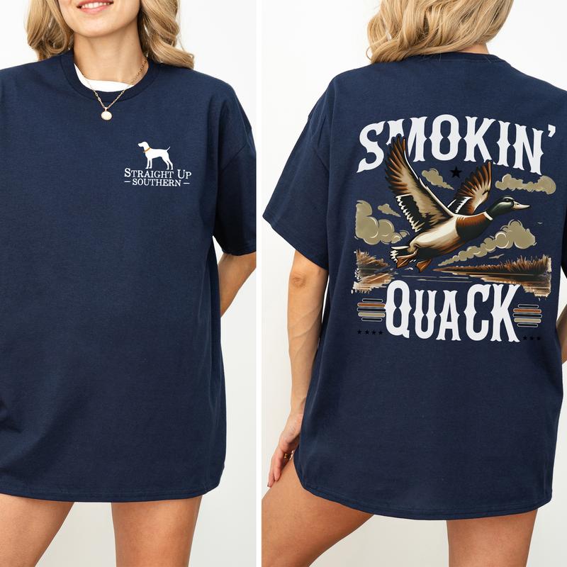 Vintage Smokin' Quack Hunting Duck 2-Sided Graphic Shirt, Mallard Hunting Shirt for Men, Dog Hunt Tee, Comfort Clothing, Cotton Fabric Tshirt, Printed Women's Top, Casual Womenswear