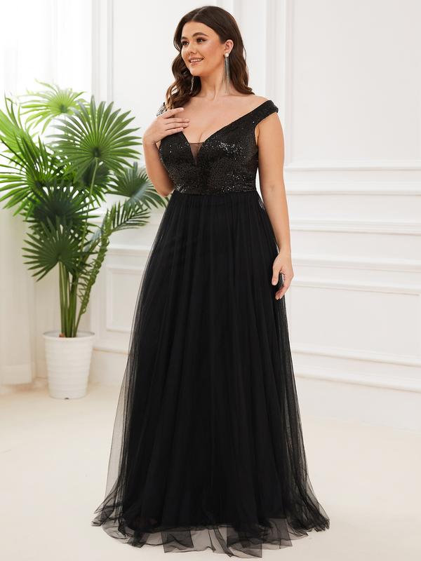 Ever-Pretty Shiny Sequin Bodice Off the Shoulder Maxi Tulle Evening Dress