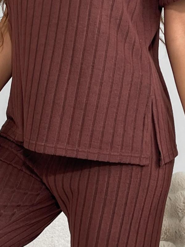 Women's Solid Ribbed Drop Shoulder Tee & Pants Pyjama Two-piece Set, Casual Comfy Split Loungewear Hem Short Sleeve Top & Trousers Pj Set, Homewear Ladies Sleepwear for All Seasons