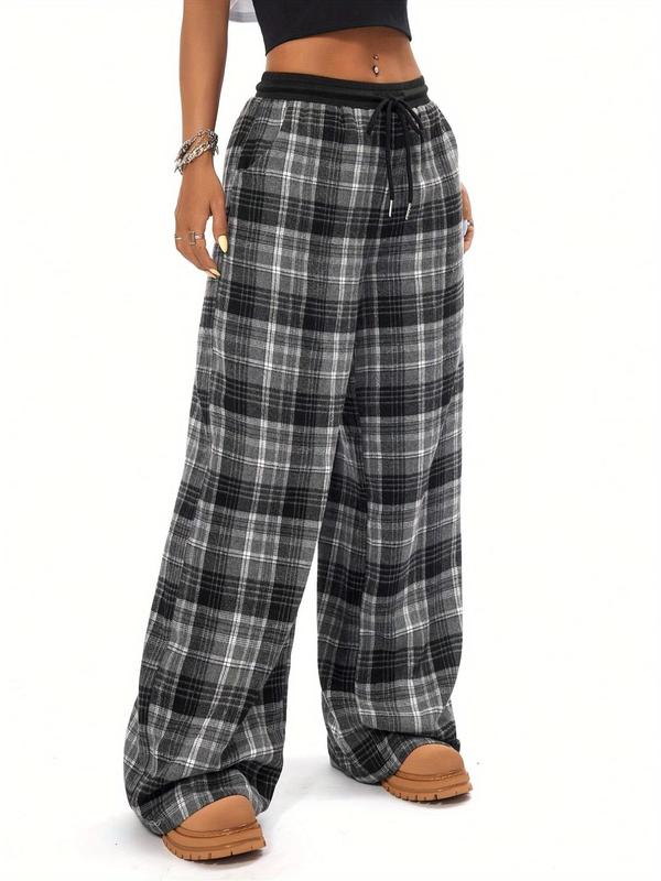 Women's Plaid Print Drawstring Waist Wide Leg Pants, Casual Comfy Pocket Trousers for Daily Wear, Ladies Bottoms for All Seasons