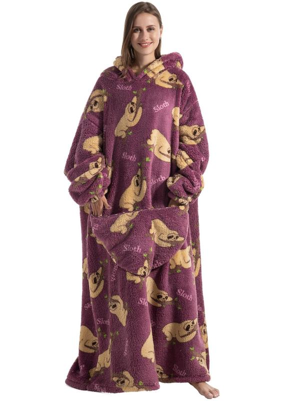 Women's Animal fruit pizza pumpkin Print Drop Shoulder Blanket Hoodie, Casual Long Sleeve Pocket Hooded Blanket Robe,  Robe for Women, Ladies Fall & Winter Sleepwear