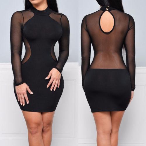 Women Sexy Bodycon Dress, Evening Party Cocktail Dress, Transparent Long Sleeve Clubwear Dress