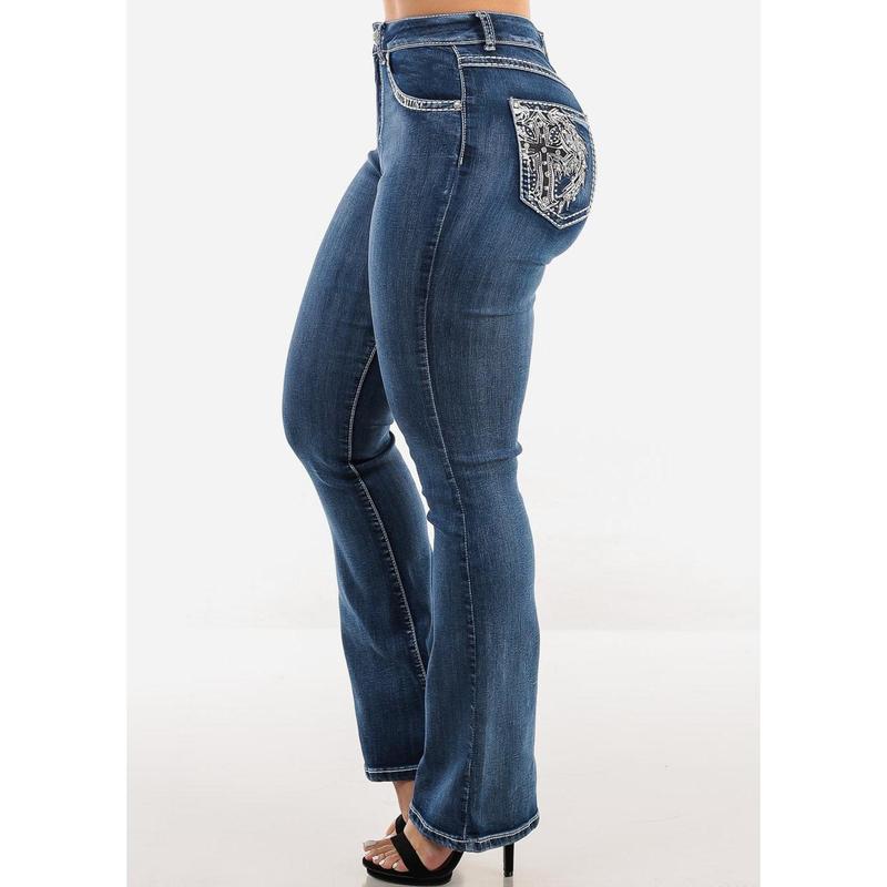 High Waist Bootcut Jeans w Back Cross Pocket Design